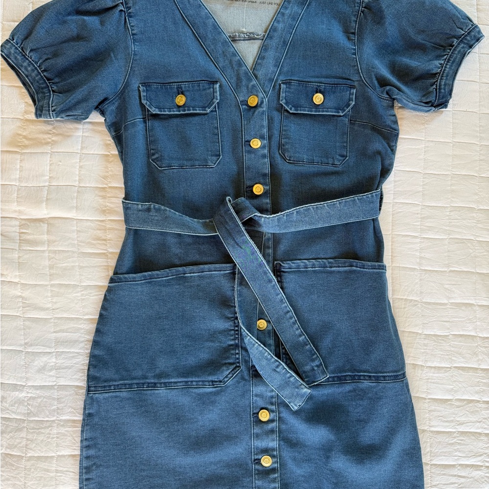 Maurices Denim Dress with Puff Sleeves and Waist Tie - stretchy - Small